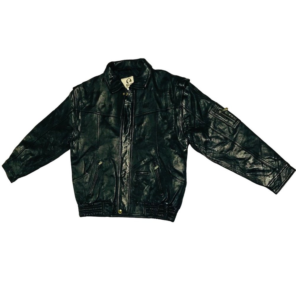 Vintage 80s Black Leather Bomber Jacket Men’s Medium Zip Up